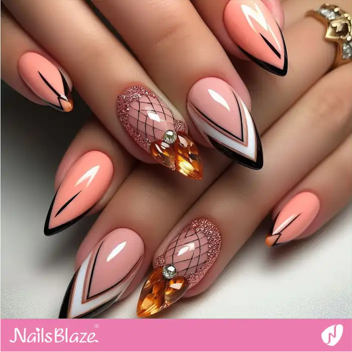 Geometric Peach Fuzz Nails with Embellishment | Color of the Year 2024 - NB1915